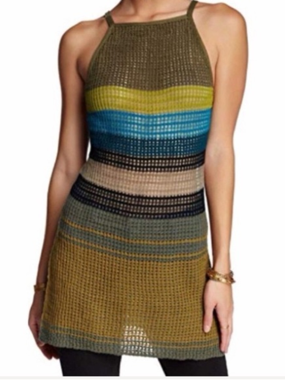 Free People Teal and Olive Knit Top with Metallic Tag